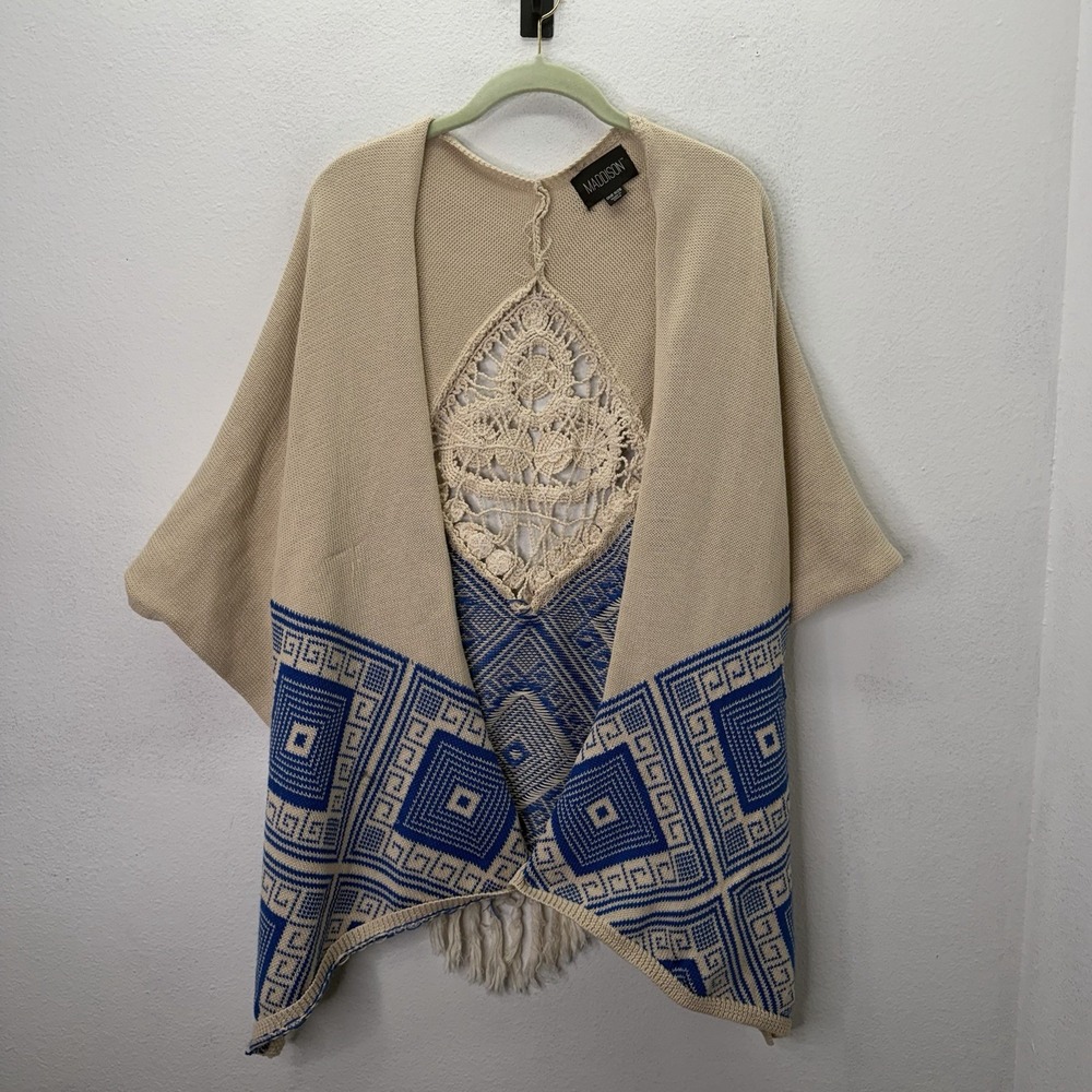 Maddison OS Tan Crochet Duster Cardigan Shawl Fringe Boho Southwestern Tribal